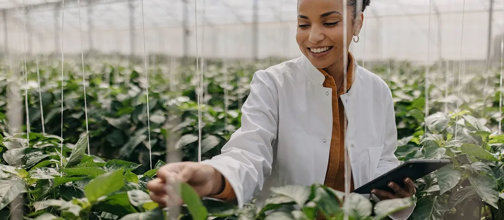 Researcher inspecting plants in a commercial greenhouse
